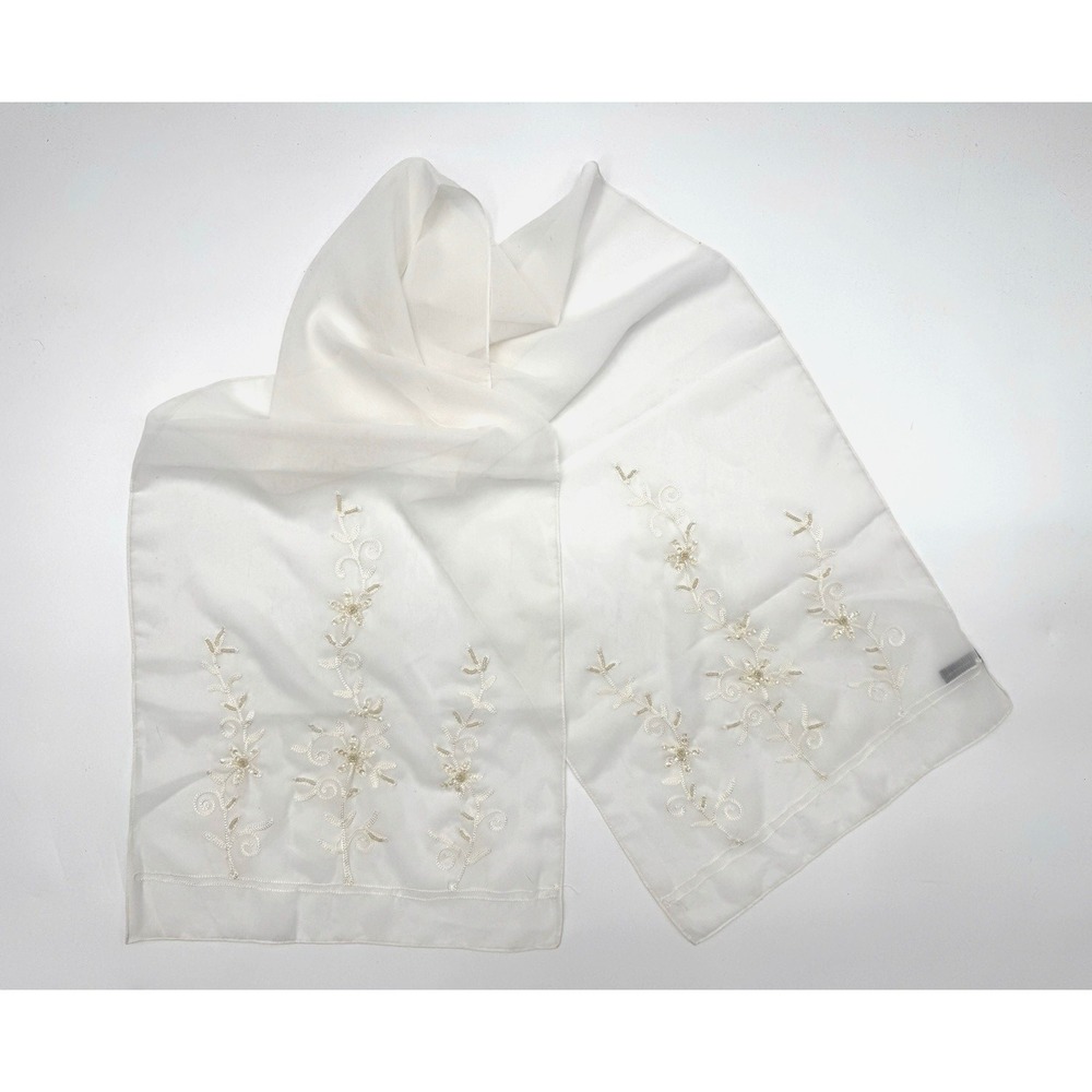 Vintage White Sheer Scarf Floral Embroidered Beaded Elegant Evening Formal Wrap